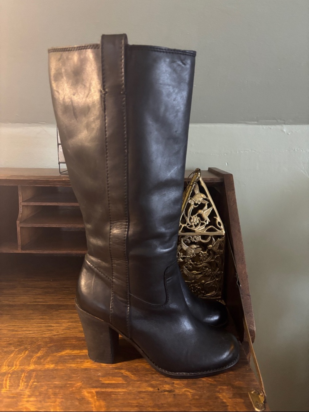 Lucky Brand Black Leather Knee-High Block Heel Boots